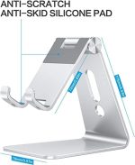 Adjustable Cell Phone Stand, OMOTON Aluminum Desktop Cellphone Stand with Anti-Slip Base and Convenient Charging Port, Fits All Smart Phones, Silver - Image 6