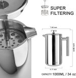 Secura French Press Coffee Maker, 304 Grade Stainless Steel Insulated Coffee Press with 2 Extra Screens, 34oz (1 Litre), Silver - Image 5