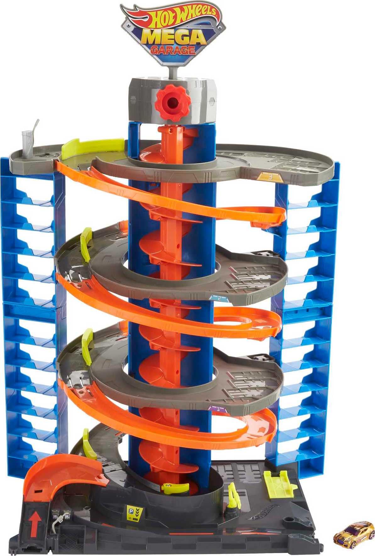 71ECczGpNxL Hot Wheels City Mega Garage Playset with Corkscrew Elevator & Storage for 60+ Cars, Includes 1 Hot Wheels 1:64 Scale Vehicle, Gift for Kids 4 Years Old & Up, HFH03 - Image 1