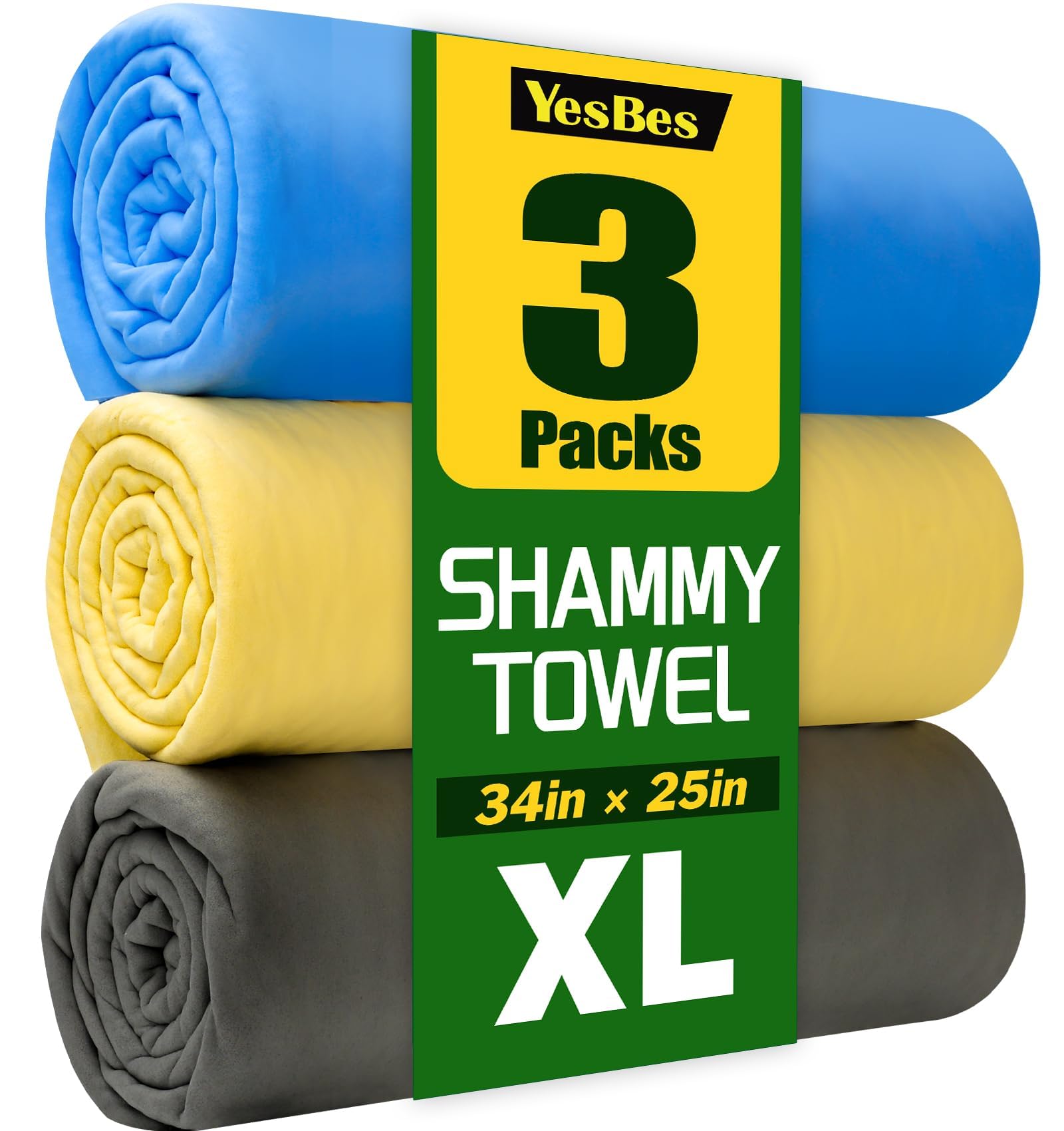 71ESOLjGREL 3 Pack Premium XL Shammy Cloth for Car Drying, 34”x25” Chamois Towel for Car, Super Absorbent Shammy Towel for Car, Reusable Soft Car Drying Towels - Image 1