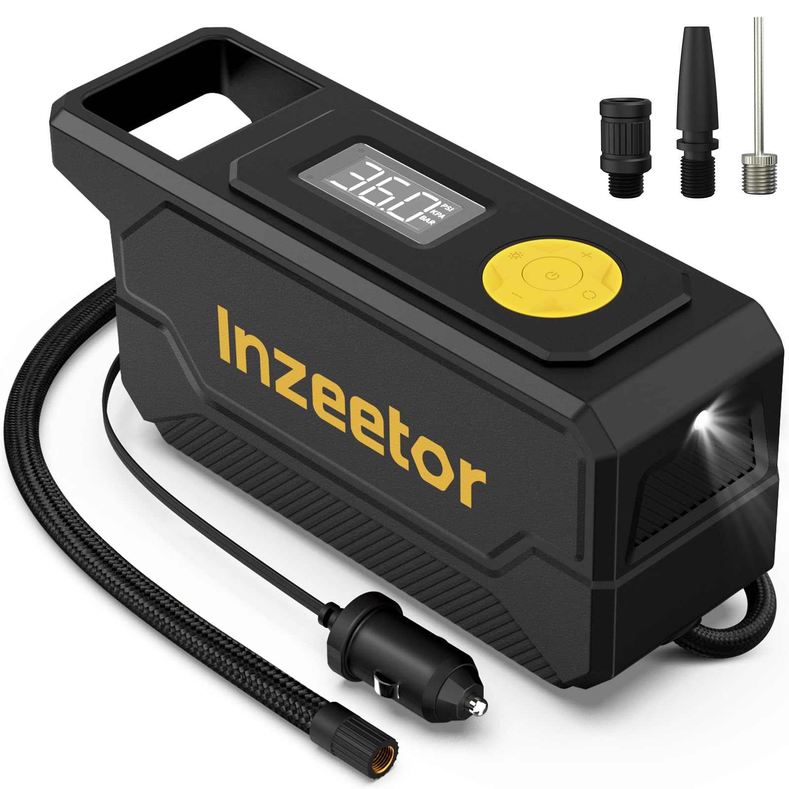 71PEI1i3OQL Inzeetor 150 PSI Tire Inflator Portable Air Compressor, 12V DC Auto Shutoff Air Pump with Digital Pressure Gauge and Emergency LED Light for Car Tires, Bicycle & Balloons, Black - Image 1