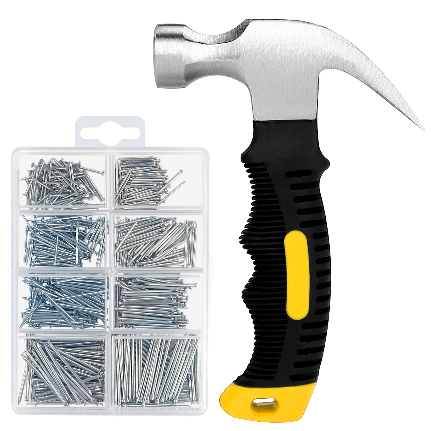 71bZJjq6YmL KURUI 700PCs Nails Assortment Kit & 8oz Hammer, Small Hammer for Hanging Wall Art Decor, Picture Frame, 350 Roofing/Wall Nails & 350 Finishing Nail - Image 1