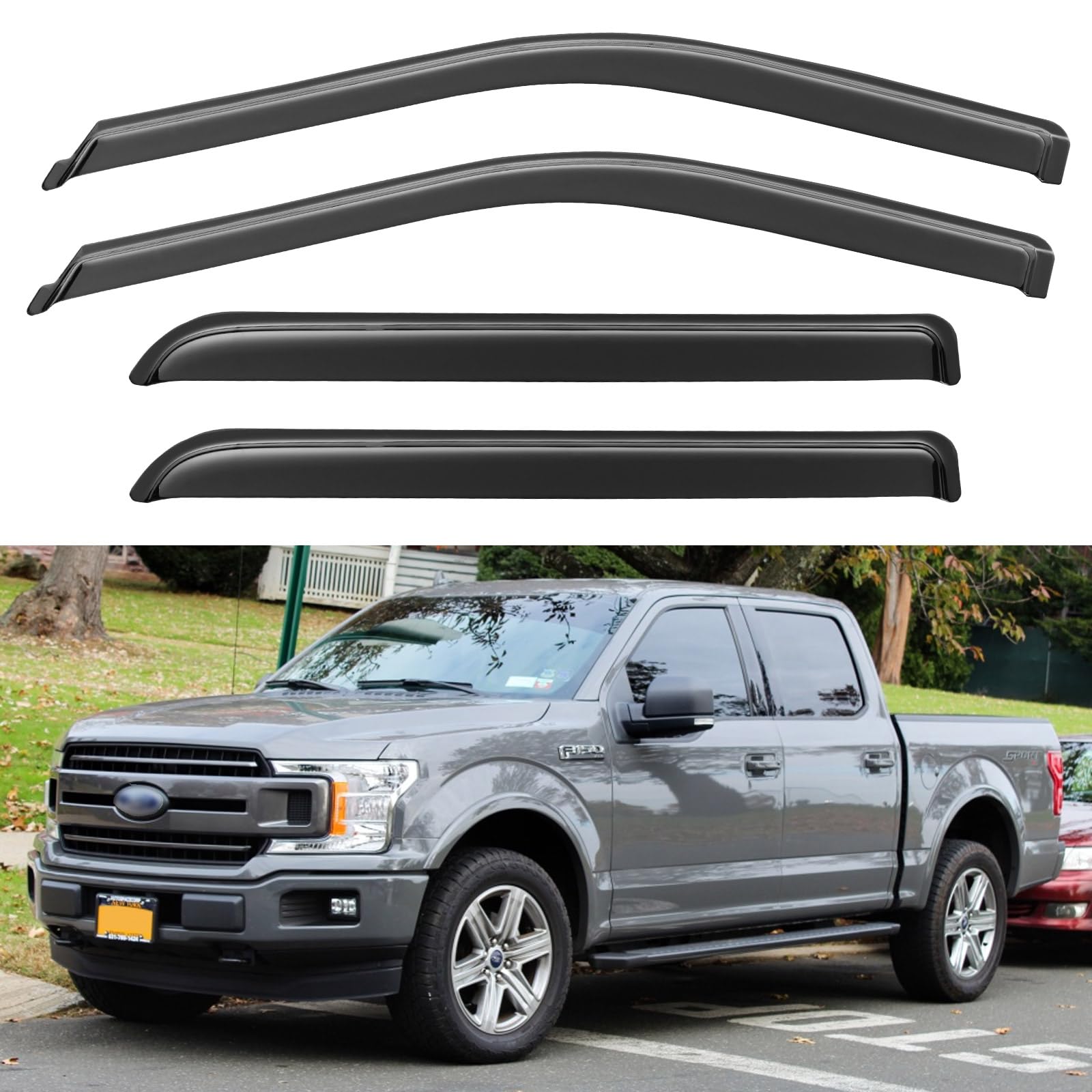 71ker1tXc1L Window Visors Rain Guards for 2015-2025 Ford F150 SuperCrew, Out-Channel Sun Rain Shades Window Vent Deflectors for 2017-2025 F-150 Raptor F250 F350 F450 F550 Super Duty Crew Cab, for Full-Size Cabs - Image 1