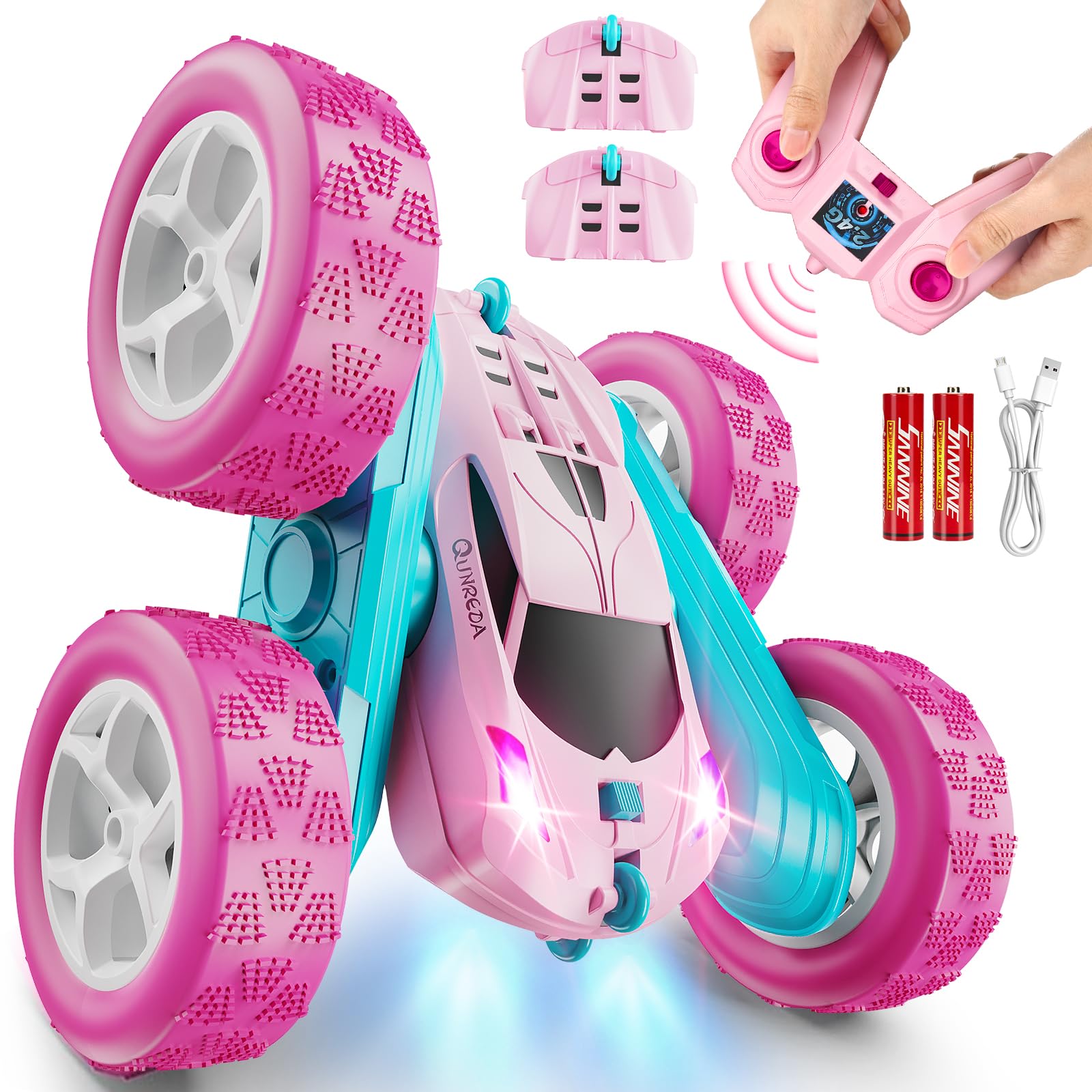 71lGbdlZlFL QUNREDA RC Cars, Pink Remote Control Car for Girls, 2.4 GHZ Double Sided RC Stunt Car 360° Rotating Remote Control Crawler with Headlights Car Toys for 6 7 8 9 10 11 12 Girls Birthday Gift Grandkids - Image 1