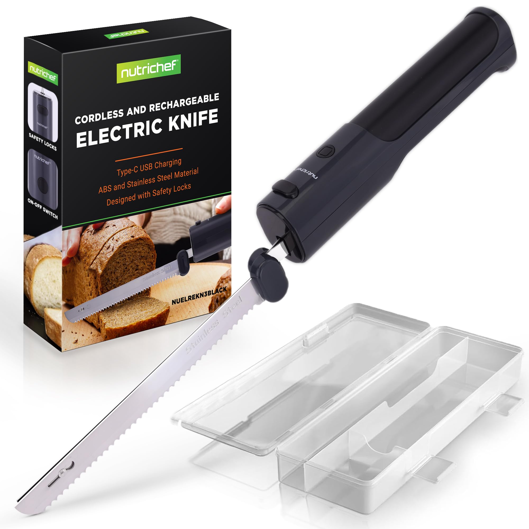 71oRBwnOvZL NutriChef Cordless Electric Knife | Easy to Use Constant ON/OFF Safety Function | Lightweight Kitchen Knife | Carve Turkey, Meats, Poultry, Bread & Cheese | 11.42’’ Stainless Steel Blades | Black - Image 1