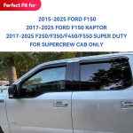 Window Visors Rain Guards for 2015-2025 Ford F150 SuperCrew, Out-Channel Sun Rain Shades Window Vent Deflectors for 2017-2025 F-150 Raptor F250 F350 F450 F550 Super Duty Crew Cab, for Full-Size Cabs - Image 8