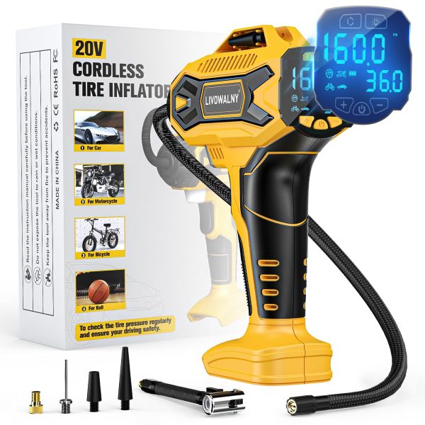 Tire Inflator Air Compressor Compatible with Dewalt 20V Max Battery, LIVOWALNY 160 PSI Cordless Portable Electric Air Pump 2025 Bigger LCD Digital Pressure Gauge for Car, Bike, Sport Ball (No Battery)