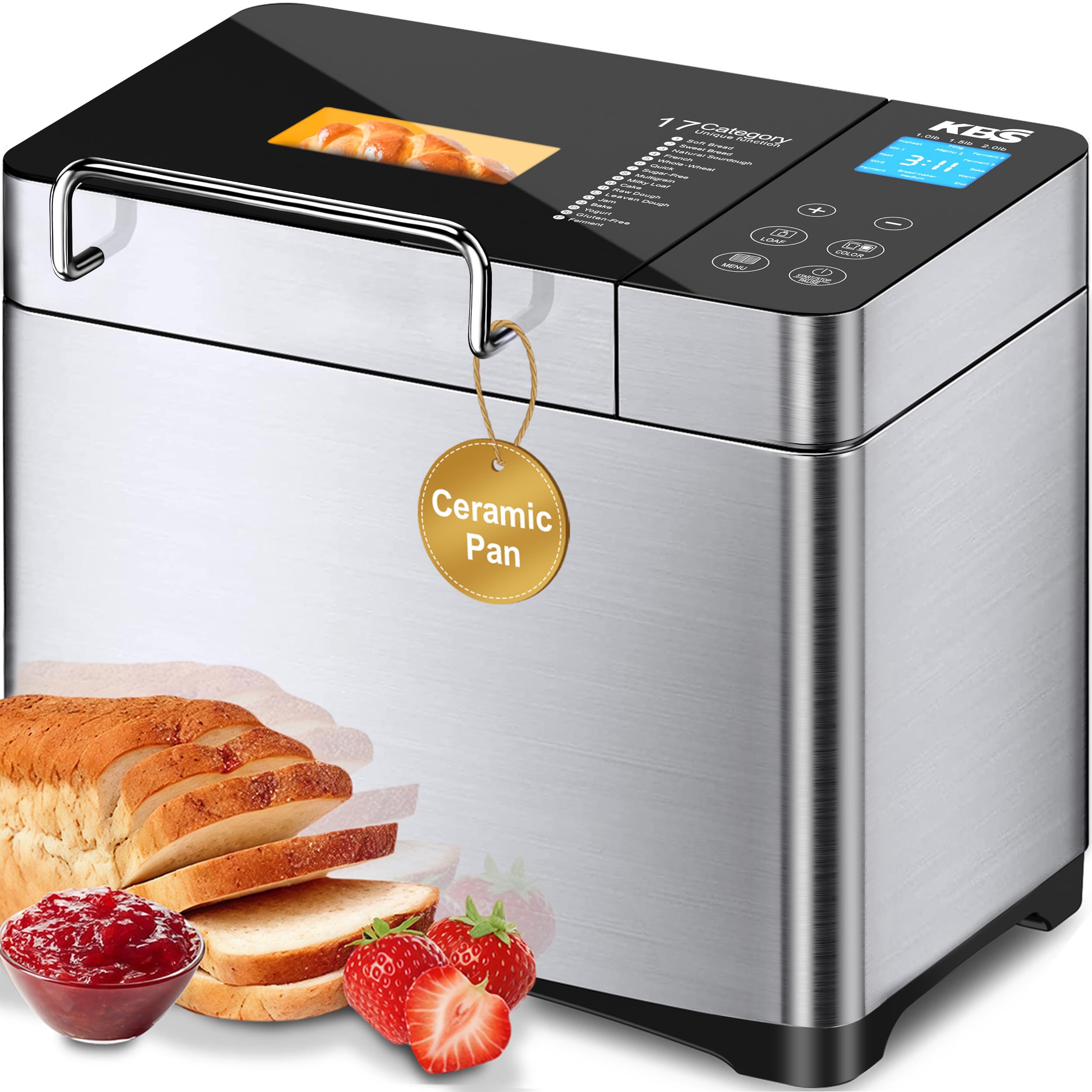 81TLoODIoVL KBS Pro 710W Bread Maker, 2LB 17-in-1 Automatic Bread Machine with Healthy Ceramic Pan, Nut Dispenser, Tempered Glass Touch Panel, Stainless Steel Housing,3 Crust Colors, 15H Timer&Keep-Warm, Recipe - Image 1