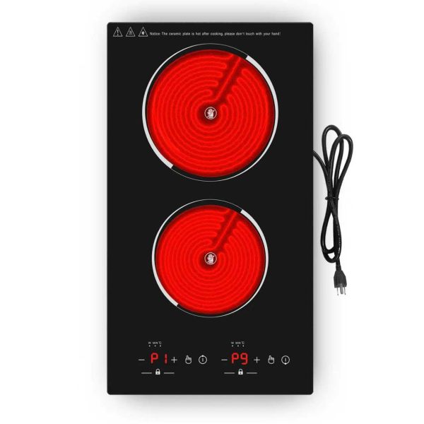 VBGK Electric Cooktop,12 Inch Built-in Radiant Electric Stove Top,110V 2100W 2 burner cooktop With 9 Heating Level, Timer & Kid Safety Lock, Sensor Touch Control 2 burner Induction Cooktop