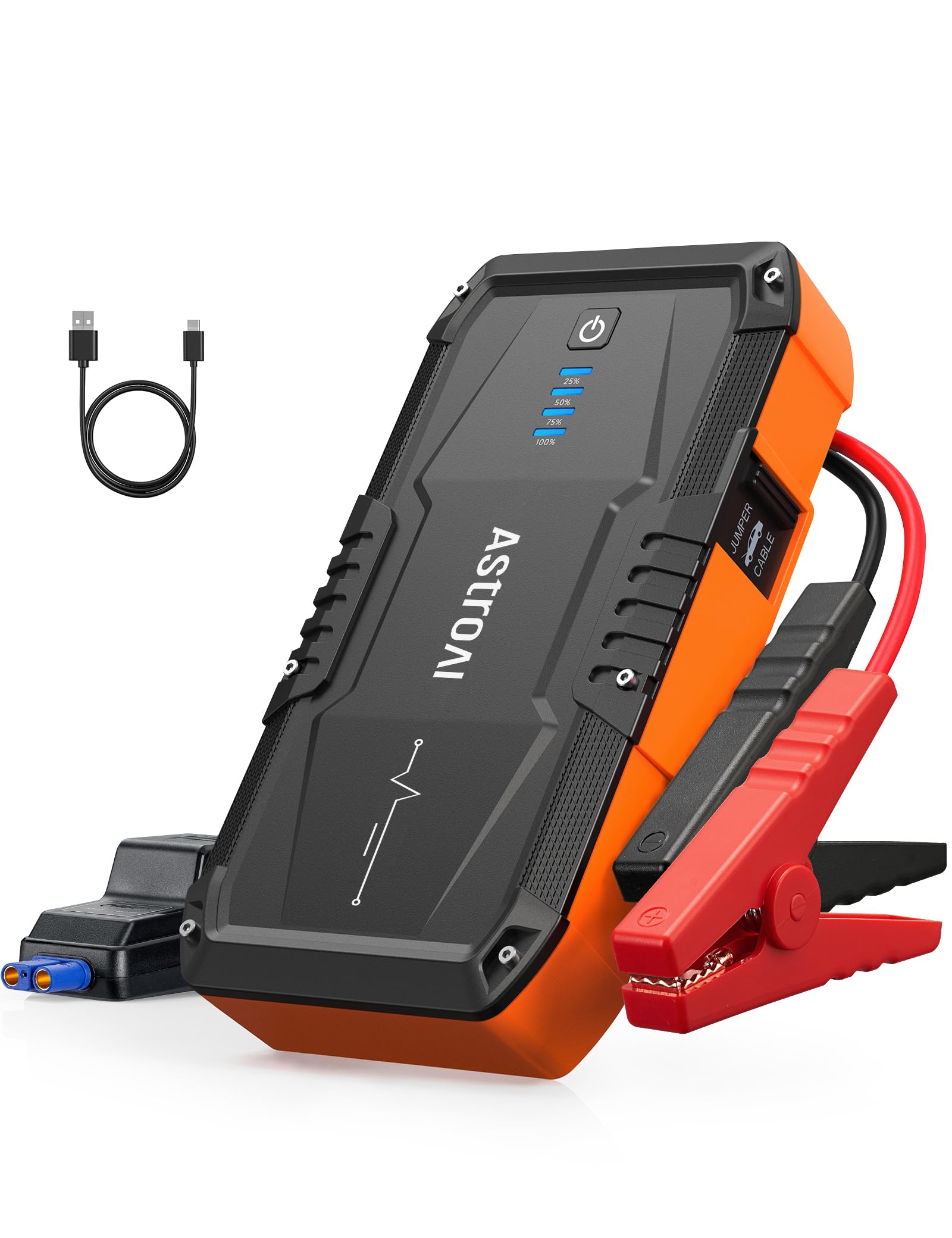 71-de-Dk5SL AstroAI S8 Car Battery Jump Starter, Car Jumper Starter Battery Pack for Up to 6.0L Gas & 3.0L Diesel Engines, 12V Portable Jump Box with 3 Modes Flashlight and Jumper Cable (Orange) - Image 1