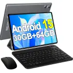 2025 Android 15 Tablet with Keyboard, 10.1 Inch Tablets FHD Display 30GB RAM 64GB ROM 1TB Expand, Octa-Core 2.0GHz, Widevine L1, 6000mAh Battery, 5G WiFi & GPS, Gemini AI, 2-in-1 Tableta PC - Gray