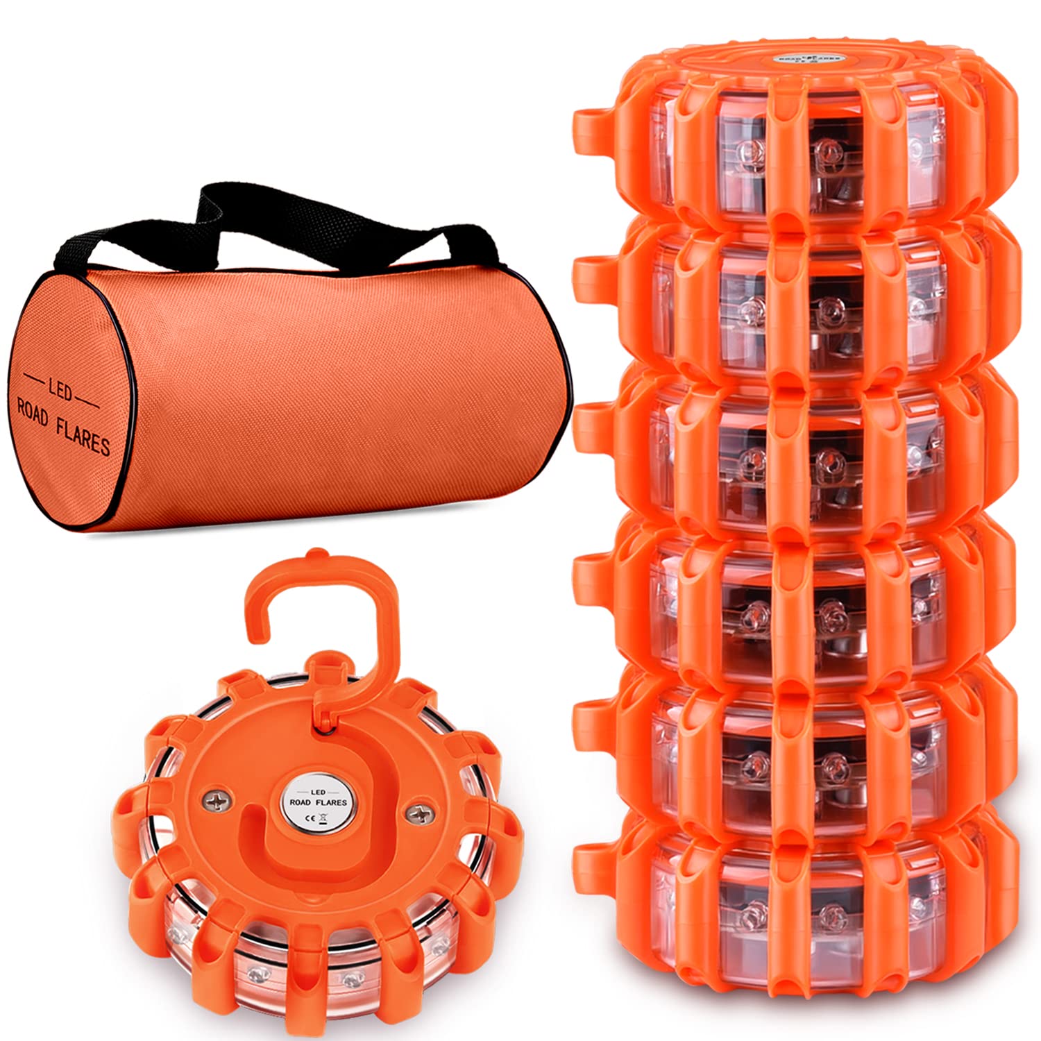 71HruZrz8nL Tobfit 6 Pack LED Road Flares Emergency Lights Roadside Safety Beacon Disc Flashing Warning Flare Kit with Magnetic Base & Hook for Car Truck Boats | 9 Flash Modes (Batteries Not Included) (6) - Image 1