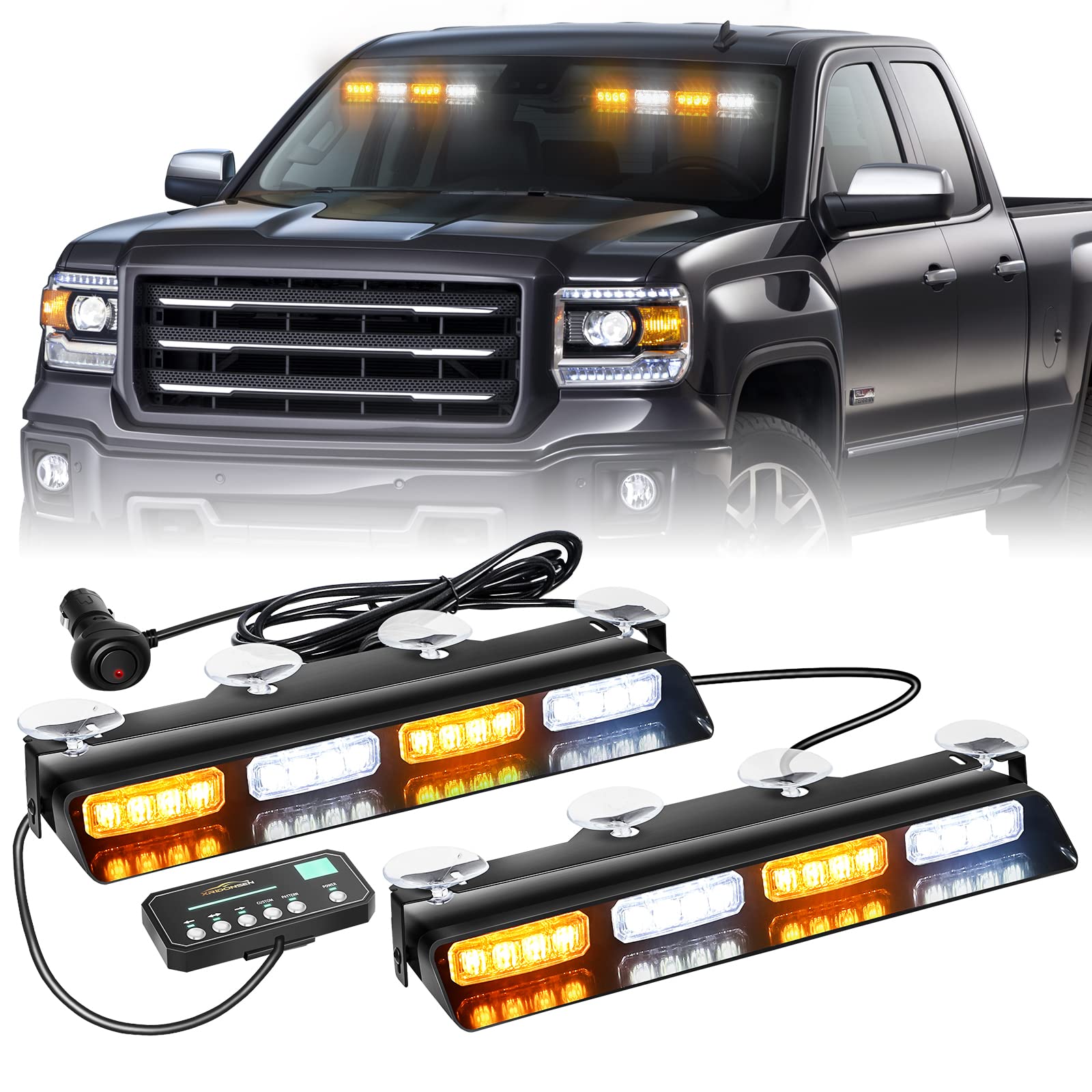 71d+GtBlKML XRIDONSEN Emergency Dash Strobe Lights Safety Flashing Warning Hazard Interior Front/Rear Windshield Deck Split Light Bar w/Suction Cups for Construction Vehicles Trucks (2x14 inch, Amber White) - Image 1