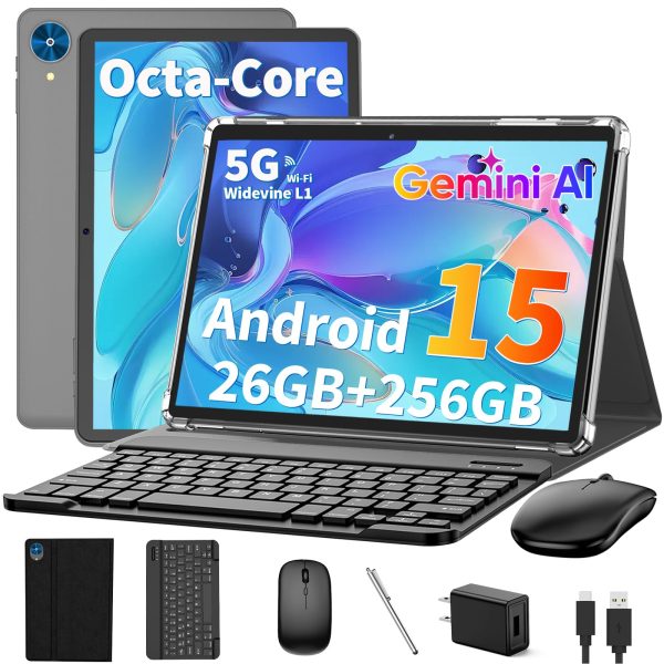 Android 15 tablet with keyboard, 26GB RAM+256GB ROM(2TB Expand), 10 inch tablet with 8000mAh Battery, 2.4G/5G WiFi, BT 5.0, 5MP+13MP Dual Camera, Gemini AI, Octa-core, Mouse, Stylus, Case(Black Case)