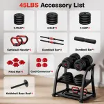 Adjustable Dumbbell Set – 45lbs Free Weight Set with Double Locknut, 5-in-1 Includes Barbell, Kettlebells, Push Up Stand - Image 2