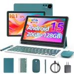 CUPEISI Android 15 Tablet 10 Inch, 20GB RAM+128GB ROM/ 2TB Expandable, 2.0GHz Quad-core Processor, 1280*800 HD Screen, 5G WiFi6 BT 5.0, 2 in 1 Tablets with Keyboard Case Mouse Stylus, Widevine L1 Blue