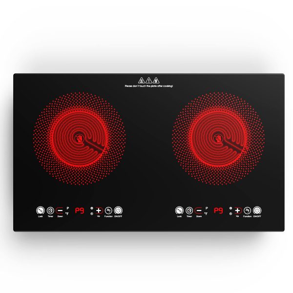 VBGK Electric cooktop,110V 24 inch 2 Burner Electric Cooktop,Built-in and Countertop Stove Top,2200W Stove,9 Power Levels, Kids Lock & Timer,LED touch control,Overheat Protection