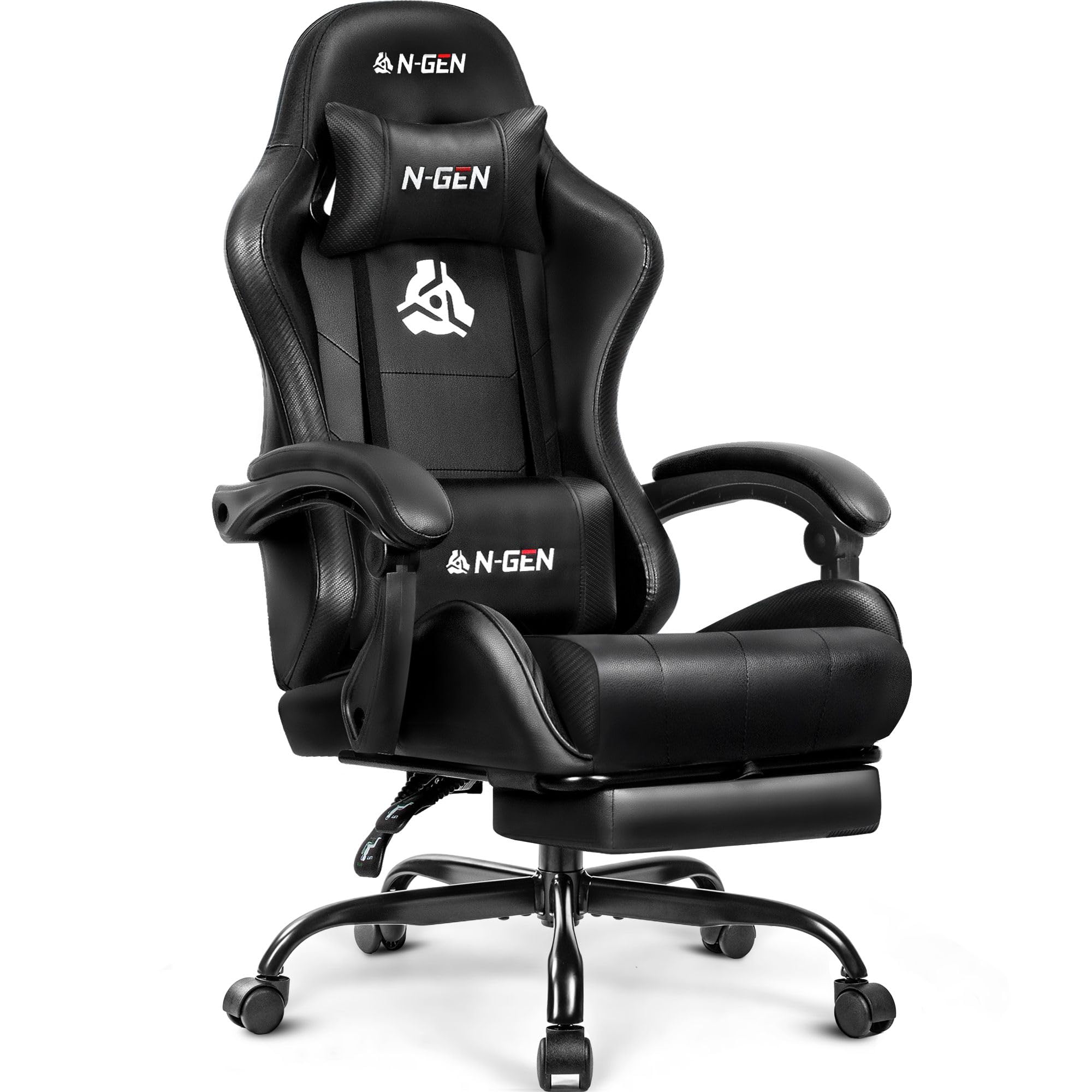 71ulEB1lS6L N-GEN GAMING Video Gaming Chair with Footrest Lumbar Support for Home Office High Back Recliner Height Adjustable Ergonomic Comfy Leather Computer Desk Chair (Black) - Image 1