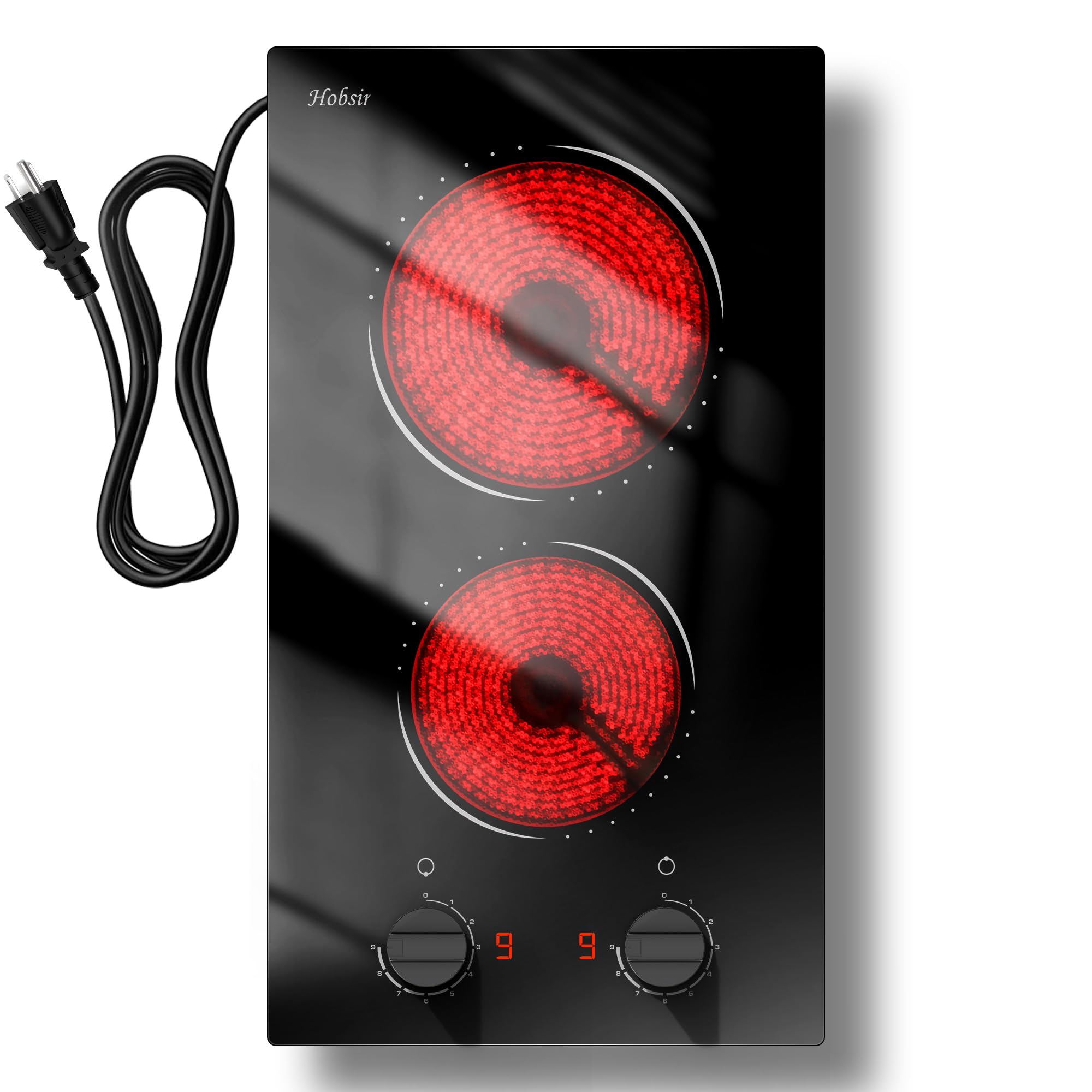 71vzU-Hx7gL Hobsir 2 Burner Electric Cooktop 110v, Plug in Electric Stove Top, 2000W Electrical Stove Top Burner, 12 Inch Countertop & Built-in Ceramic Cooktop, Knob Control, 9 Power Level - Image 1