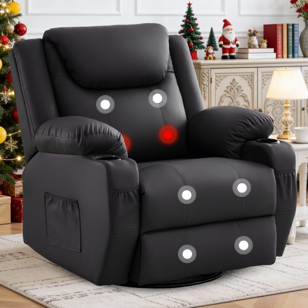 Oversized Recliner Chair – 360° Swivel Recliner for Adults with Heat and Massage, Manual Recliner with Remote Control and Cup Holders