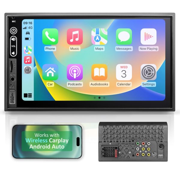 Double Din Car Stereo Compatible with Wireless Apple Carplay, Android Auto - 7" Touch Screen Car Audio Receiver with Bluetooth, AUX, FM Car Radio