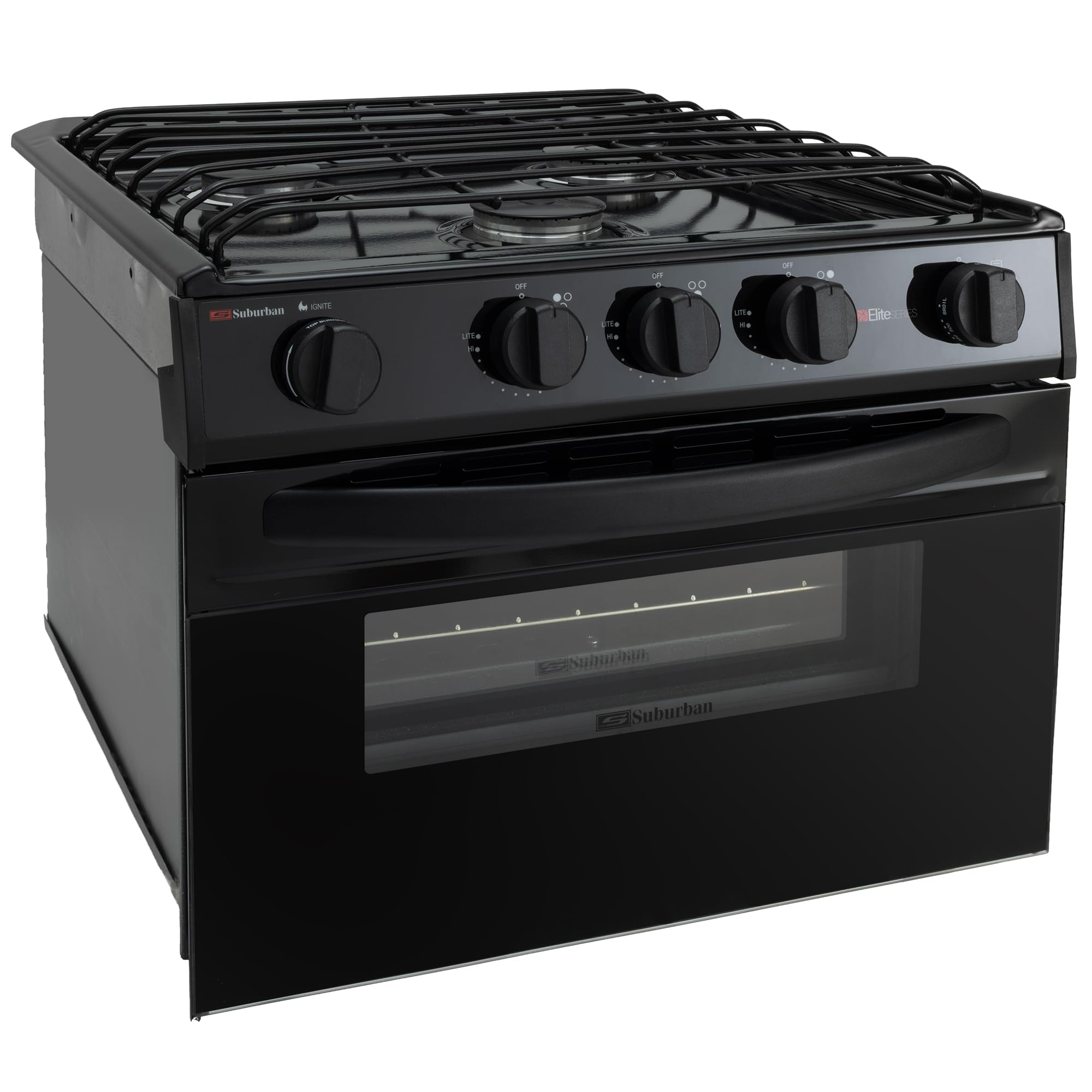 710oSDi7zTL RecPro Suburban RV 17" Black 3 Burner Propane Range with Gas Oven | 9000 BTU Front Burner | Dual 6500 BTU Rear Burners | Piezo Ignition | Compact Built-In Range for RVs and Campers - Image 1