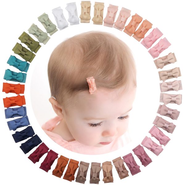 CÉLLOT 40pcs Mini 1.2" Grosgrain Ribbon Snap Clips - Tiny Fine Thin Hair Bows in Pairs for Baby Girls, Toddlers, and Infants