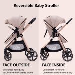 Lortsybab 2-in-1 Baby Stroller - Folding Infant Newborn Pram Stroller with Reversible Seat - Toddler Strollers for 0-36 Months Old Babies (Beige) - Image 8