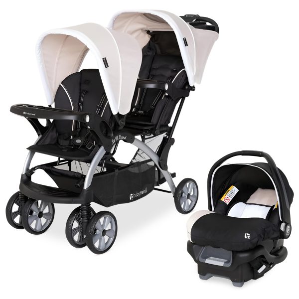 Baby Trend Infant and Toddler Double Stroller & Car Seat Combo, 2 Pc Set, Khaki - Portable and Lightweight Stroller Duo and Car Seat Travel System Tandem