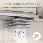 FIREGAS Under Cabinet Range Hood 30 inch with Brushless DC Motor, LED Light, 3 Speed Exhaust Fan, Reusable Aluminum Filters, Push Button,Stainless Steel Range Hood,with Charcoal Filter - Image 8