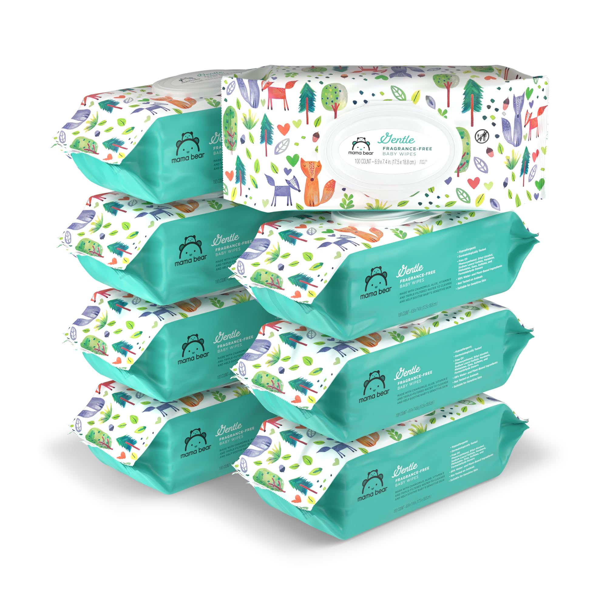 81Jy7FW1vEL Amazon Brand - Mama Bear Gentle Fragrance Free Baby Wipes, Hypoallergenic, Sensitive Skin, Unscented, 800 Count (8 Packs of 100) - Image 1