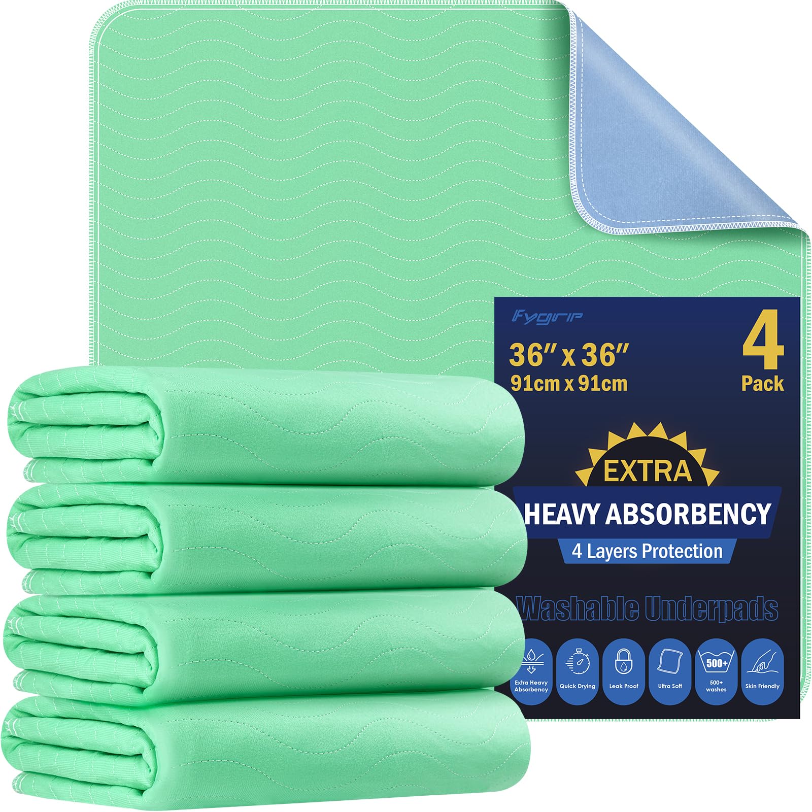 81rIhUzyhEL FYGRIP 4 Pack 36” x 36” Extra Heavy Absorbency Washable Underpads, Waterproof Quick Drying Nursing Incontinence Reusable Washable Bed Pee Pads for Dogs, Diaper Changing & Adults, Green - Image 1