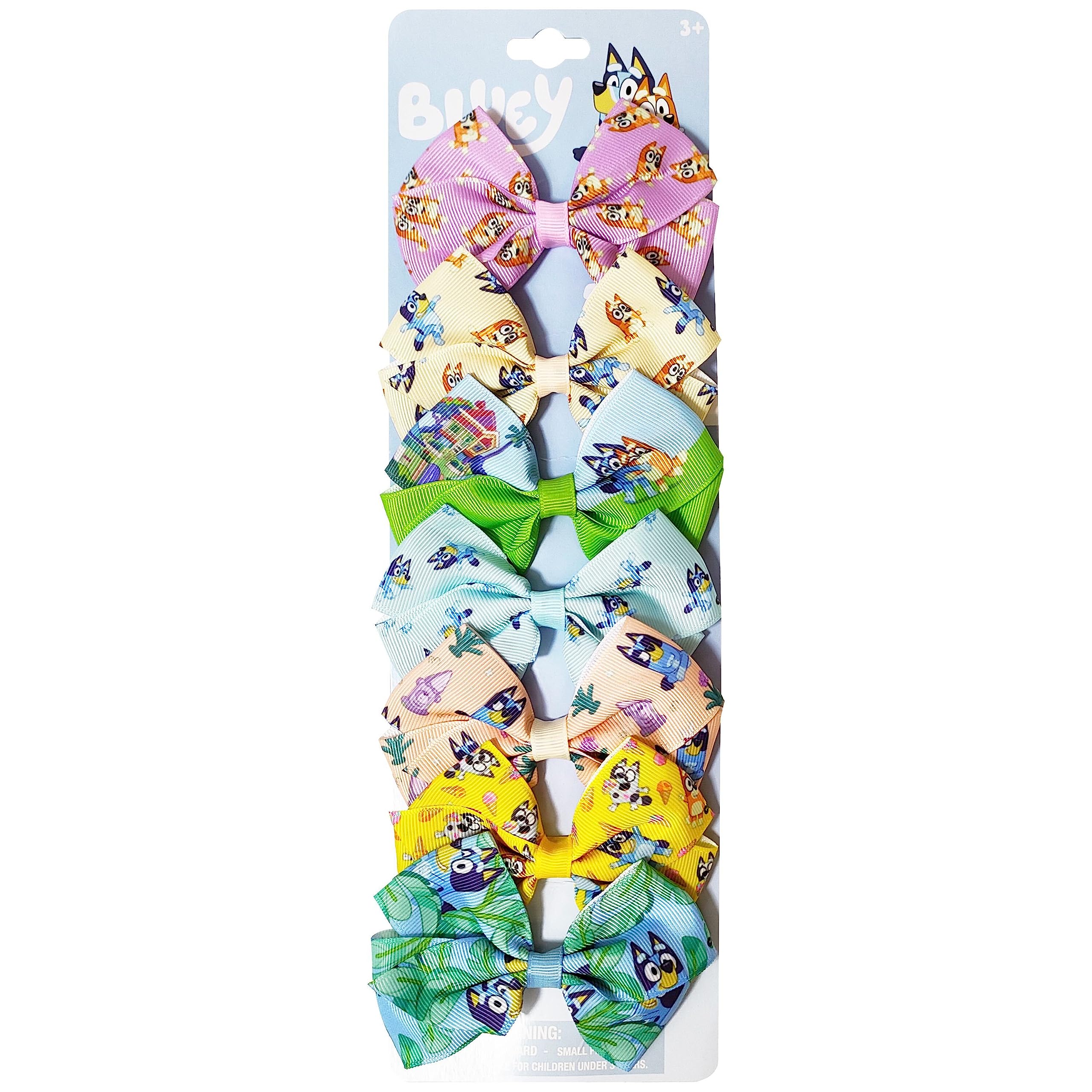 91vMYOsB+0L Bluey Kids Hair Bows - Hair Accessories Gift Set - Bluey Hair Bow - 7 Pcs 4 Inch Bow Bundle - HairBows for Girls - Different Bluey print on each clip - Alligator Clip - Ages 3 + - Image 1